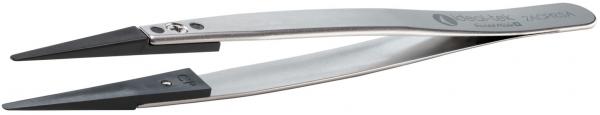 The image shows a silver tweezer with sharp, black tips. It has a curved shape and is made of stainless steel, with a small screw mechanism in the middle.