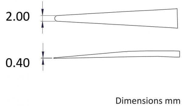 The image displays two sketched shapes with dimensions. The top shape is 2.00 mm thick, the bottom 0.40 mm. The lines are thin and uniformly taper to a point. On the right it says "Dimensions mm".