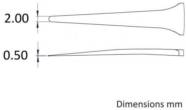 The image shows two elongated objects in side view. The top shows the wider end of the first object at 2 mm, and below, a narrower end at 0.5 mm. The dimensions are provided.