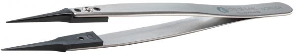 The image shows a narrow, curved stainless steel tweezer. It has pointed tips and a matte finish that feels good in the hand. Ideal for gripping small objects.