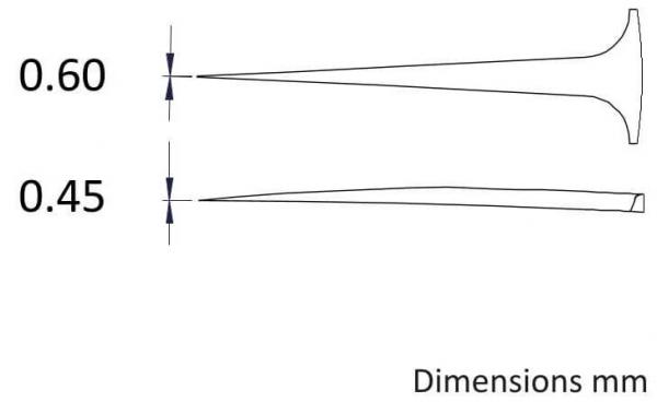The image shows two lines with different shapes and lengths. The upper line is thick at one end and tapers off, the lower line is uniformly thin. Dimensions are given in millimeters.