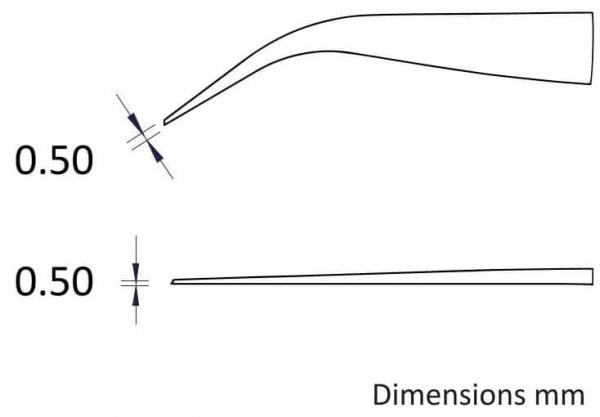 Das Bild zeigt zwei schematische Darstellungen eines Objekts mit einer gebogenen und einer geraden Linie. Beide haben Maßangaben von 0,50 mm. Die obere Linie ist gebogen, die untere gerade.
