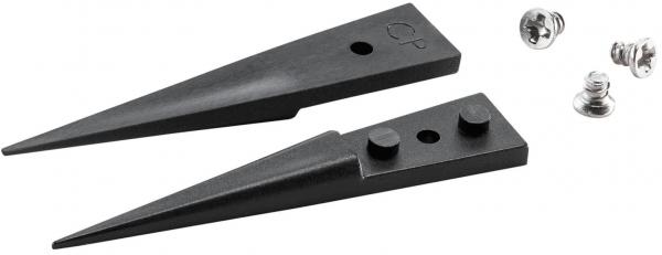 The image shows two black, pointed parts that are shaped like wedges. Next to them are some silver screws. The parts appear to be intended for fastening or mounting.