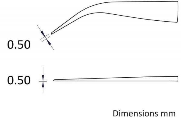 The image displays technical drawings featuring two lines with dimensions. The top line is curved, the bottom line is straight, both with a thickness of 0.50 mm. On the right, it reads "Dimensions mm".