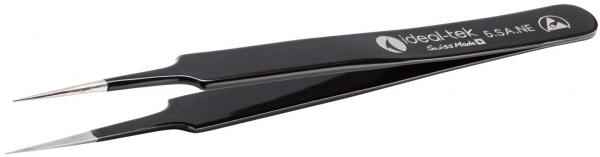 The image shows a black tweezer with narrow, pointed tips. It is smooth and has a logo on the side. The handles are slightly curved to allow for better handling.