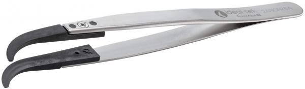The image shows a long, narrow tweezer made of stainless steel with two rounded, curved tips. The handles are flat and smooth, with a rubberized area at the ends for better grip.