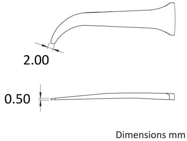 The image displays a technical sketch of an object. It has a curved, upward-pointing shape with two measurements: 2.00 mm and 0.50 mm. The dimensions are clearly indicated.