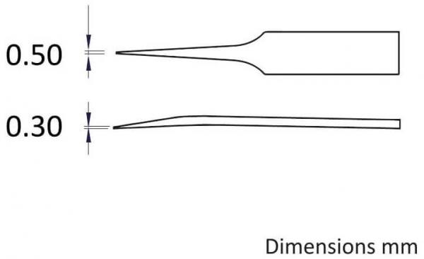 The image displays a technical drawing of two tips. The upper tip has a diameter of 0.50 mm and the lower one has a diameter of 0.30 mm. Dimension lines are drawn on both sides.