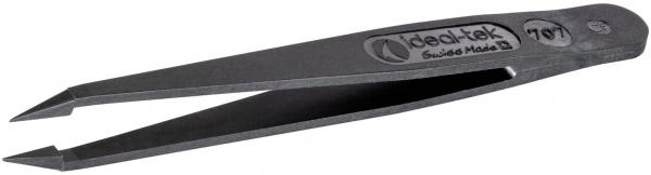 The image displays a black tweezer with narrow, pointed tips. It features a non-slip grip and an engraving of the brand name. The edges are smooth, and the overall shape is sleek.