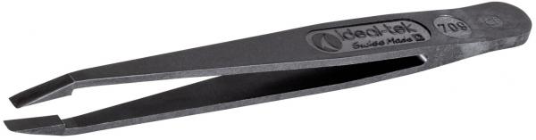 The image shows a sharp, black metal tweezer. It has two long, narrow arms that open at one end to grasp small objects. The surface is smooth and slightly shimmering.