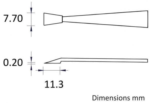 The image displays technical drawings of two tool shapes with dimensions in millimeters: a conical tip (7.70 mm) and a flat edge (11.3 mm, 0.20 mm thick).