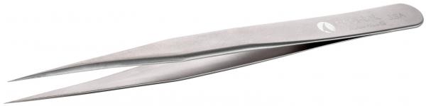 The image shows a narrow, stainless steel tweezer. It has two pointed, movable ends that can be opened and closed. The tweezer is shiny and has a smooth surface.