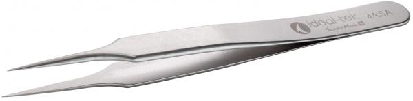 The image shows a series of sharp stainless steel tweezers. They are slender, with a smooth surface and curved upwards at the ends, ideal for precise tasks.