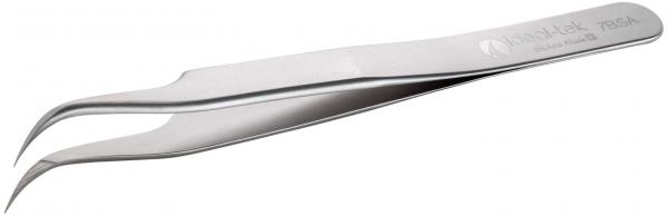 The image shows an elegant, thin tweezer made of shiny metal. The ends are pointed and slightly curved, ideal for grasping small objects. The surface is smooth and reflective.