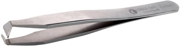 Das Bild zeigt eine schlanke, metallische Pinzette mit einer leicht gebogenen Spitze. Sie ist glänzend und hat eine präzise, spitze Form zum Greifen von kleinen Objekten.
