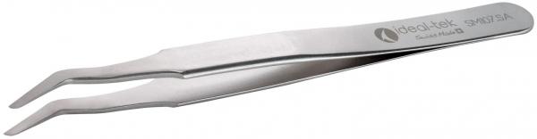 The image shows a pointed, shiny metal tweezer. It has two handles that are used for gripping and holding small objects.