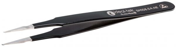 The image shows a black tweezer with sharp, fine tips. It has a smooth surface and a simple design, ideal for gripping small objects.