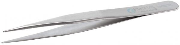 The image shows a silver tweezer with two long, narrow jaws that taper to a point at one end. It is made of stainless steel and has a smooth surface.