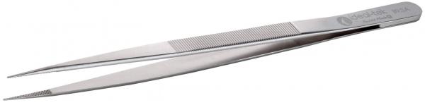 The image shows a silver metal tweezer. It has two long, narrow tongs that taper and meet at the tips. One side of the tweezer has fine grooves for better grip.