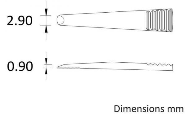 The image displays two different shapes: above, a rounded tip with a diameter of 2.90 mm, and below, a sharp, serrated edge measuring 0.90 mm. Dimensions are provided in millimeters.