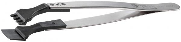The image shows a sturdy metal tire lever. It has two different ends: one with a serrated edge for lifting and the other with a smooth surface for pulling out tires.