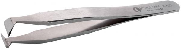 The image shows a narrow, curved metal tweezer. It has two long handles that taper into pointed pincer shapes at the ends, suitable for grasping small objects.