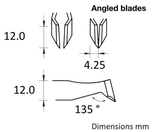 The image displays technical drawings of angled blades. Dimensions in millimeters are provided: height 12.0, width 4.25, and a 135° angle. Clearly and schematically illustrated.