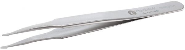 The image shows a silver tweezer. It has a long, narrow shape with a slightly curved tip and a logo-like inscription on the side. The surface is smooth.