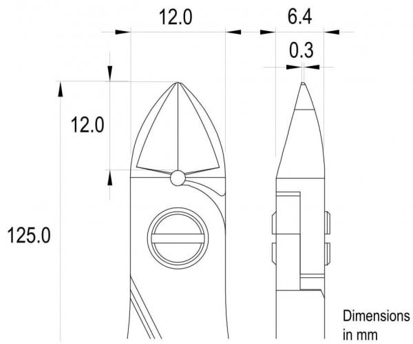 The image displays technical drawings of an object, with length and width dimensions in millimeters. It features a pointed top shape and a circular area in the center.
