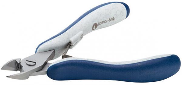 The image displays a standard pair of pliers with two long, ergonomic handles in blue and gray, and a sharp, pointed blade. It is used for cutting wire or small objects.