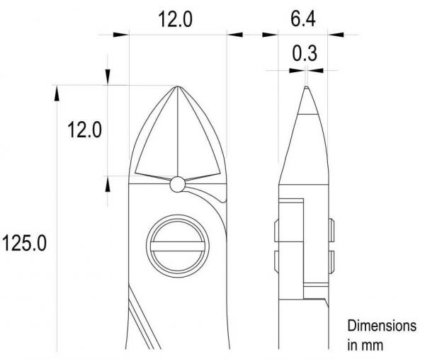The image shows a technical drawing of an object with various dimensions in millimeters. It has a pointed shape and a round opening in the center. Dimensions are clearly indicated.