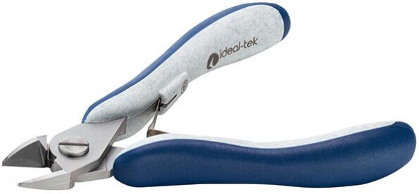 The image shows a small, handy pair of pliers with two ergonomic, blue handles and sharp cutting blades. It is made of metal and has a modern design.