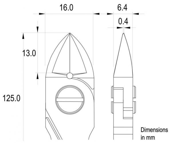 The image displays a technical drawing of a metal tool, likely a type of pliers, with specific dimensions in millimeters. Two views are shown.
