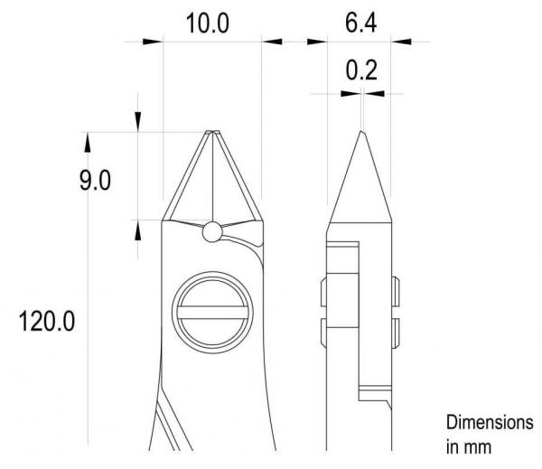 The image shows technical drawings of an object, presumably a pair of pliers or a similar tool. It includes dimensions in millimeters and two views of the object.