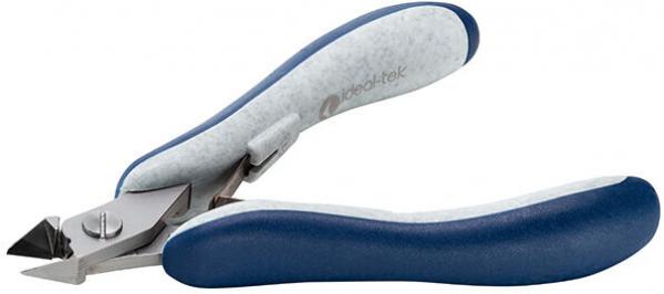 The pliers have a concave blade that is used for cutting. They feature ergonomic, padded handles in blue and light gray that fit comfortably in the hand.