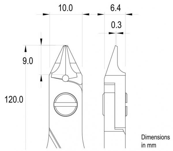 The image displays technical drawings of a tool, likely a pair of pliers, with dimensions in millimeters. The view is from the side and above, with clear lines and dimensions.