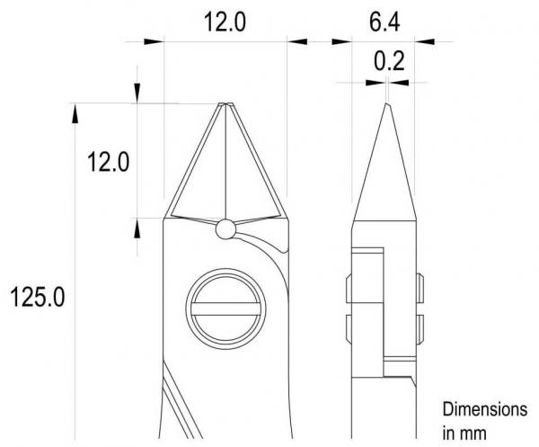 Das Bild zeigt technische Zeichnungen eines Objekts mit Maßen in Millimetern: Ein längliches Teil mit spitzen Enden, seitlichen Kreisen und spezifischen Dimensionen, darunter 125 mm.