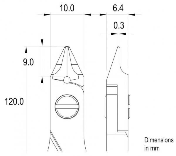 Das Bild zeigt technische Zeichnungen eines Objekts mit Abmessungen. Es umfasst verschiedene Maße in Millimetern, darunter eine Höhe von 120 mm und Breiten von 10 mm und 6,4 mm.