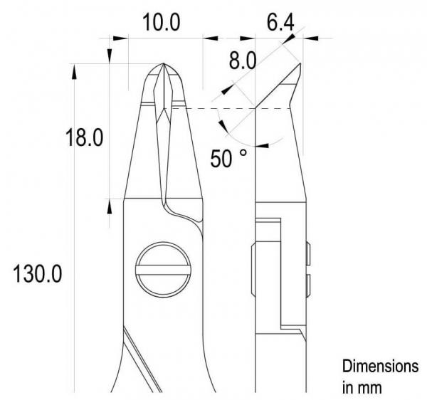 The image shows a technical drawing of a tool, likely a pair of pliers. Dimensions in millimeters are marked, including lengths and angles.