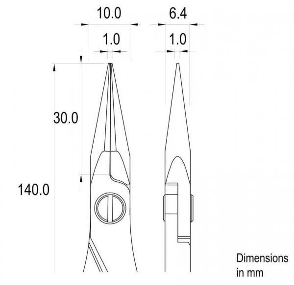 The image displays a technical drawing of pliers. Dimensions are provided: total length 140 mm, tip 30 mm, width 6.4 mm. Additional dimensions are noted in millimeters.