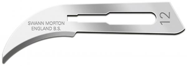 The image displays a surgical scalpel with a curved blade and a continuous handle. It is made of shiny steel and is engraved with "SWANN MORTON ENGLAND B.S." along with the number "12".