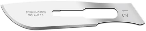 The image shows a metal surgical blade. It is slender, shiny, and has a slightly curved edge. The manufacturer's name and the number "21" are engraved on the blade.