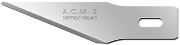 The image shows a narrow, metallic blade with a pointed front and an opening on the side. The surface is shiny, and the words "A.C.M. 2" and "Sheffield England" are engraved.