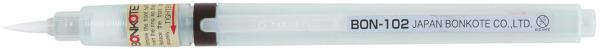 The image shows a transparent felt-tip pen with a fine tip. It has a white body and a brown cap. Small inscriptions and symbols can be seen on the pen.