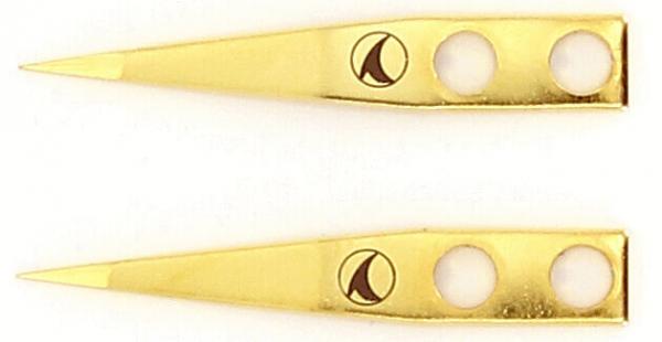The image shows two golden, pointed objects with a logo and two holes. They are elongated and narrow, tapering to a point at the top. They appear to have a decorative or functional purpose.