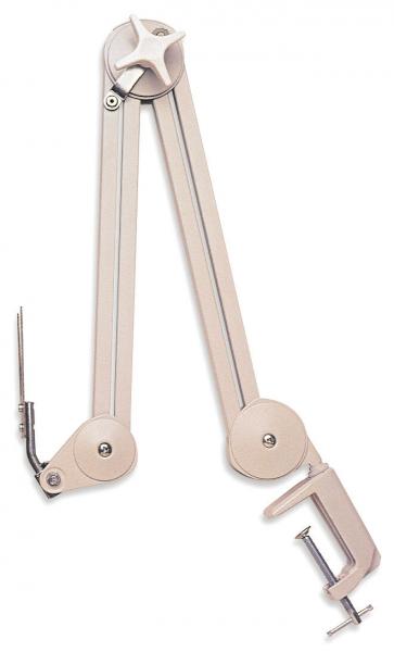 The image shows a mechanical arm that is movable at two joints. At one end, there is a clamp to attach the tool. The color is light and metallic.