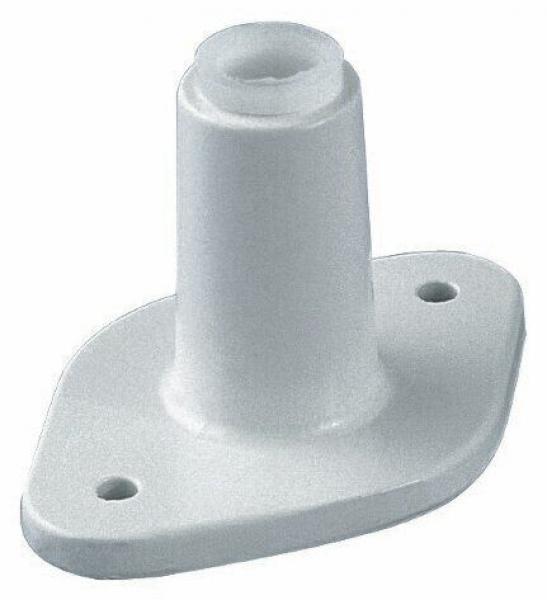 The image shows a conical white plastic holder attached to a flat base. The holder has an opening at the top and two side holes for mounting.