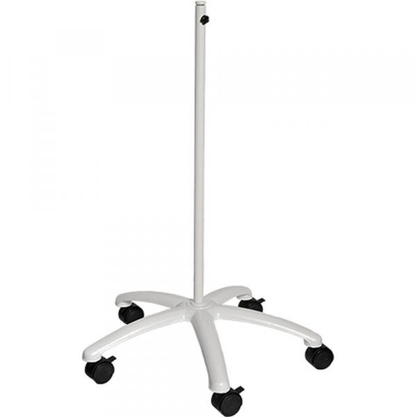 The image shows a white, narrow stand on a five-pronged base. The base has casters for mobility. The stand appears lightweight and could hold a writing instrument or desk device.