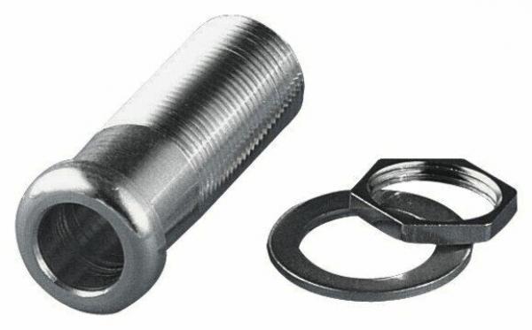 The image shows a metallic component, a cylindrical fitting with a threaded screw. Next to it are a metal washer and a nut.
