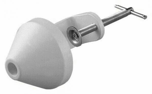 The image shows a simple, white tool part with a conical shape, attached to a metal bolt. It has a central opening and a screw for attachment.